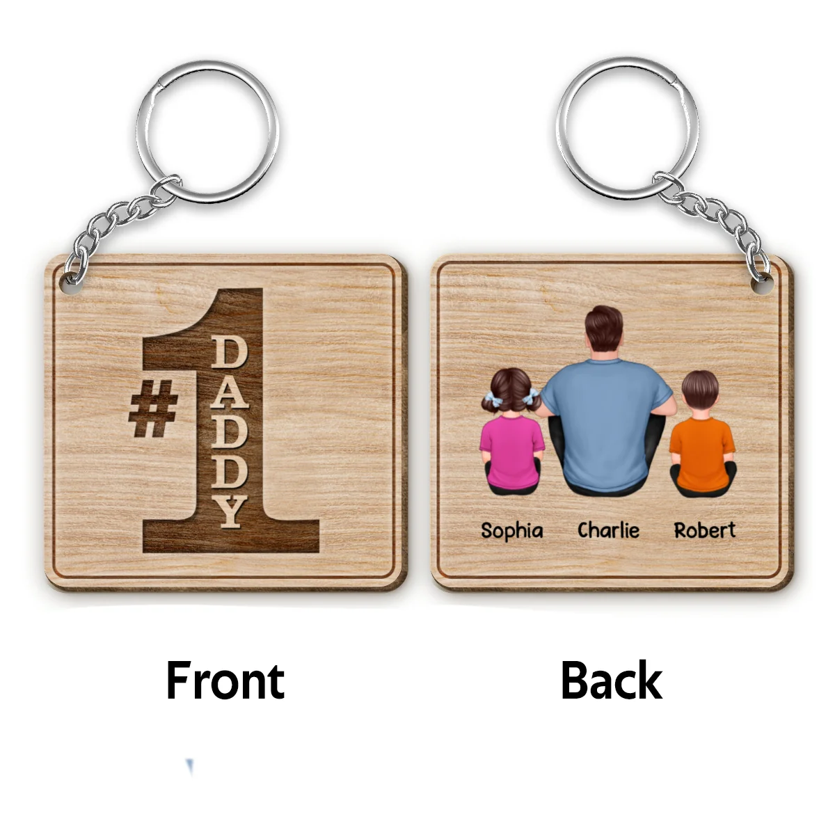 #1 Dad Grandpa Back View Sitting Personalized Wooden Keychain - Image 4