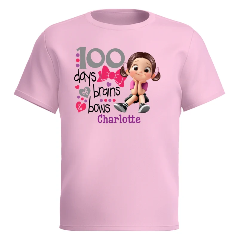 100 Days Brains & Bows Cute Little Girl - Personalized Kid T-Shirt - 100 Days Of School For Daughter, Granddaughter - Image 10