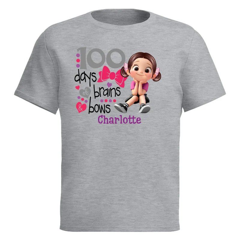 100 Days Brains & Bows Cute Little Girl - Personalized Kid T-Shirt - 100 Days Of School For Daughter, Granddaughter - Image 11