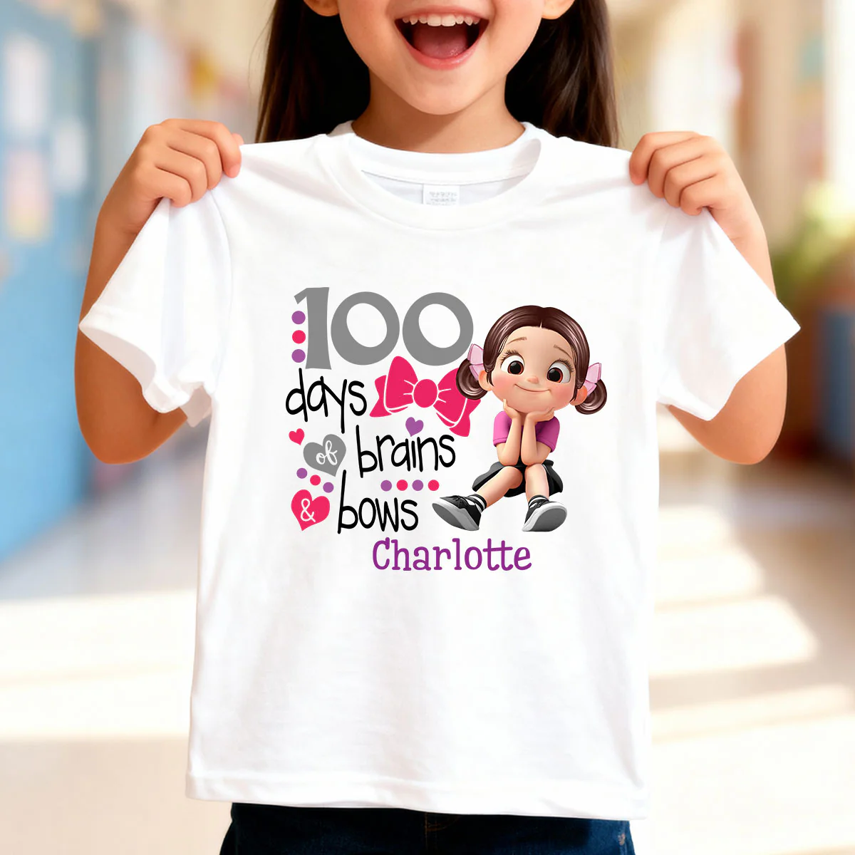 100 Days Brains & Bows Cute Little Girl - Personalized Kid T-Shirt - 100 Days Of School For Daughter, Granddaughter - Image 2