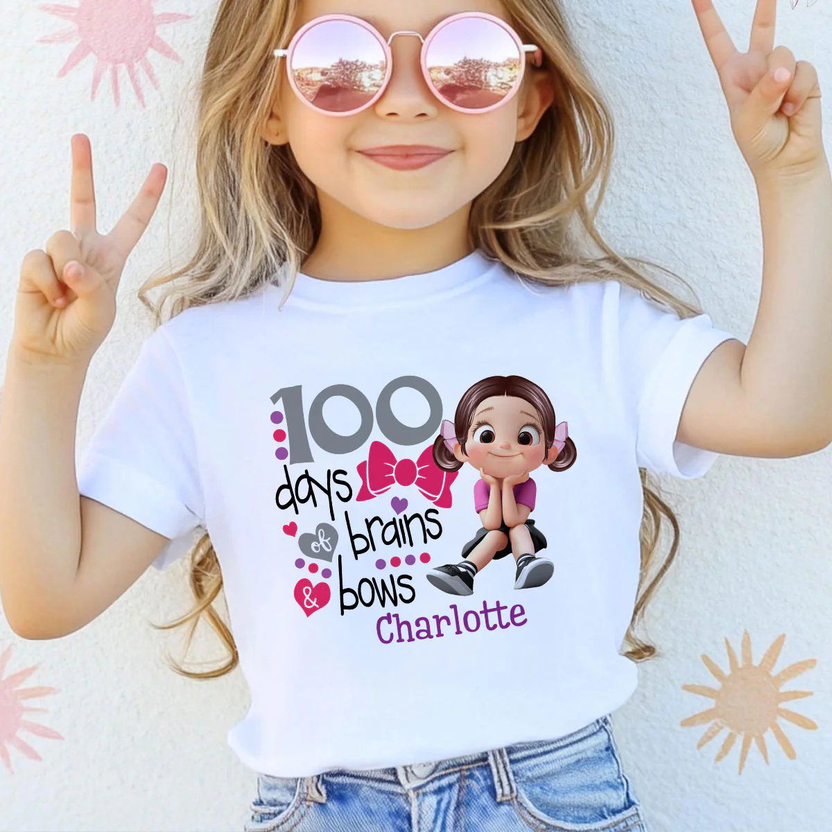 100 Days Brains & Bows Cute Little Girl - Personalized Kid T-Shirt - 100 Days Of School For Daughter, Granddaughter - Image 6