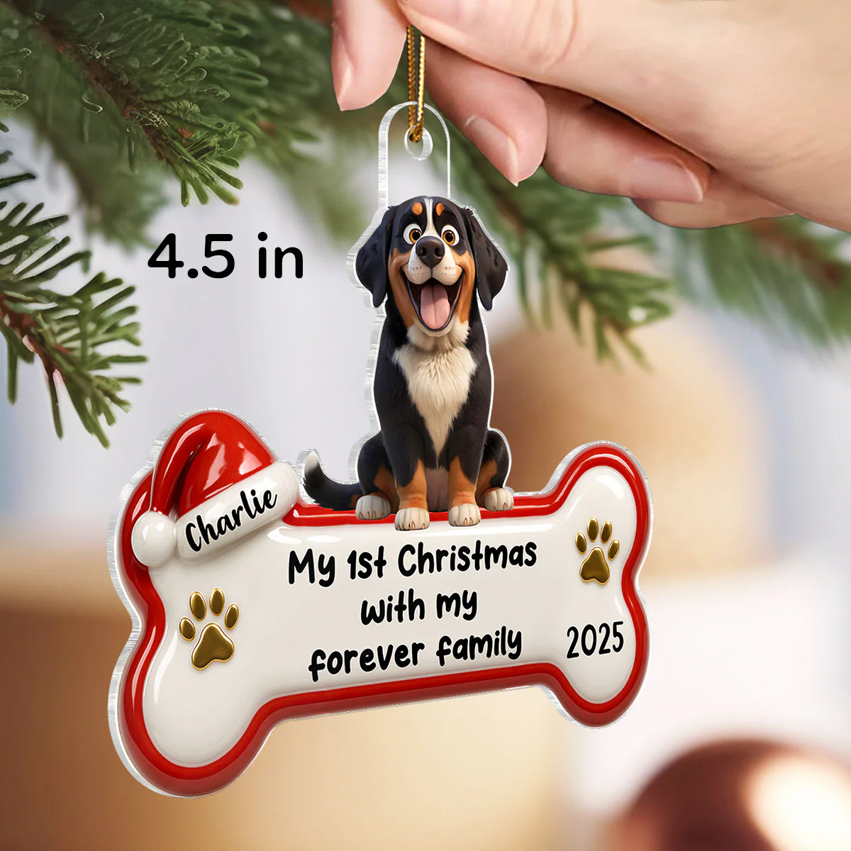 1st Christmas With Forever Family Cartoon Dog 3D Effect - Personalized Acrylic Ornament - Image 2