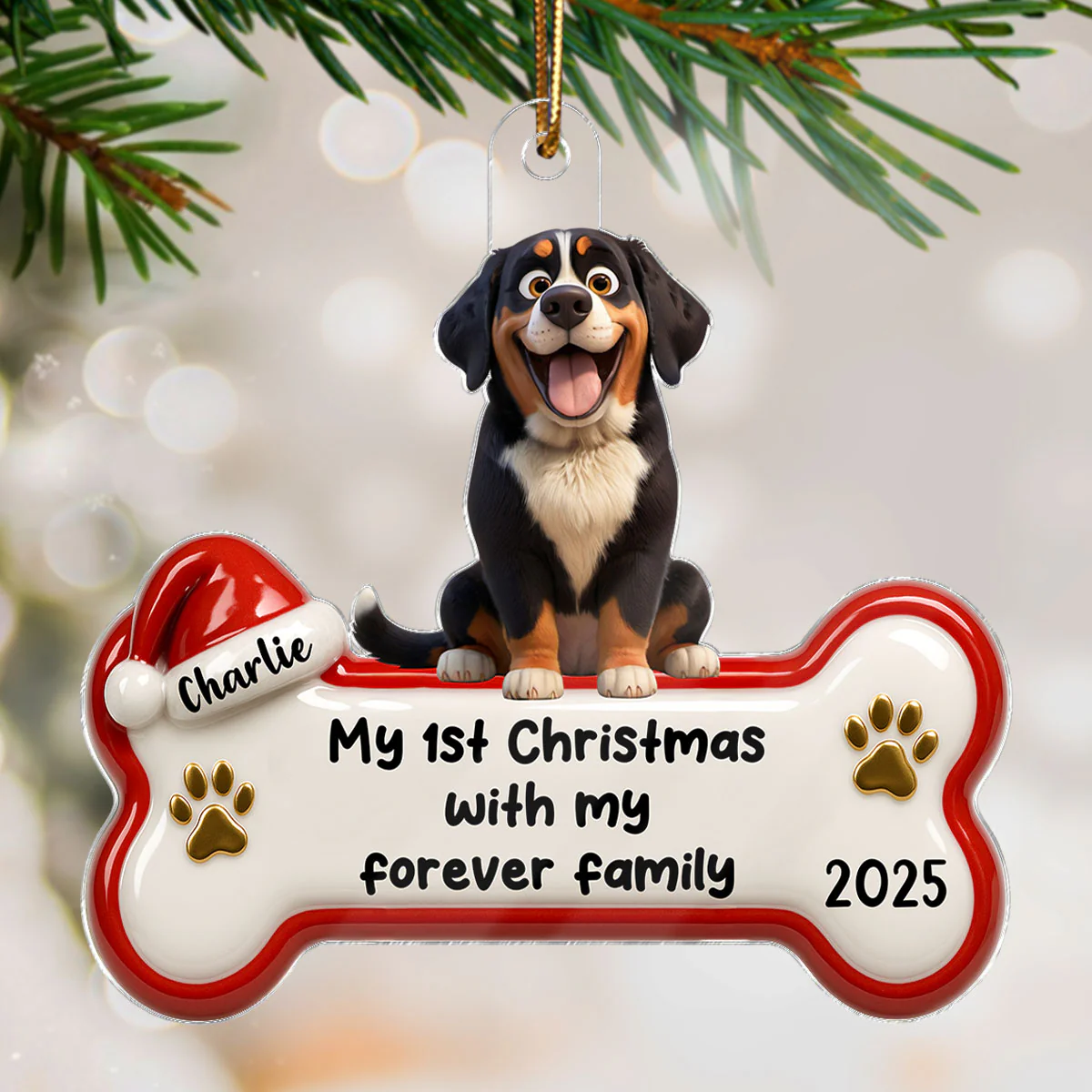 1st Christmas With Forever Family Cartoon Dog 3D Effect - Personalized Acrylic Ornament - Image 3