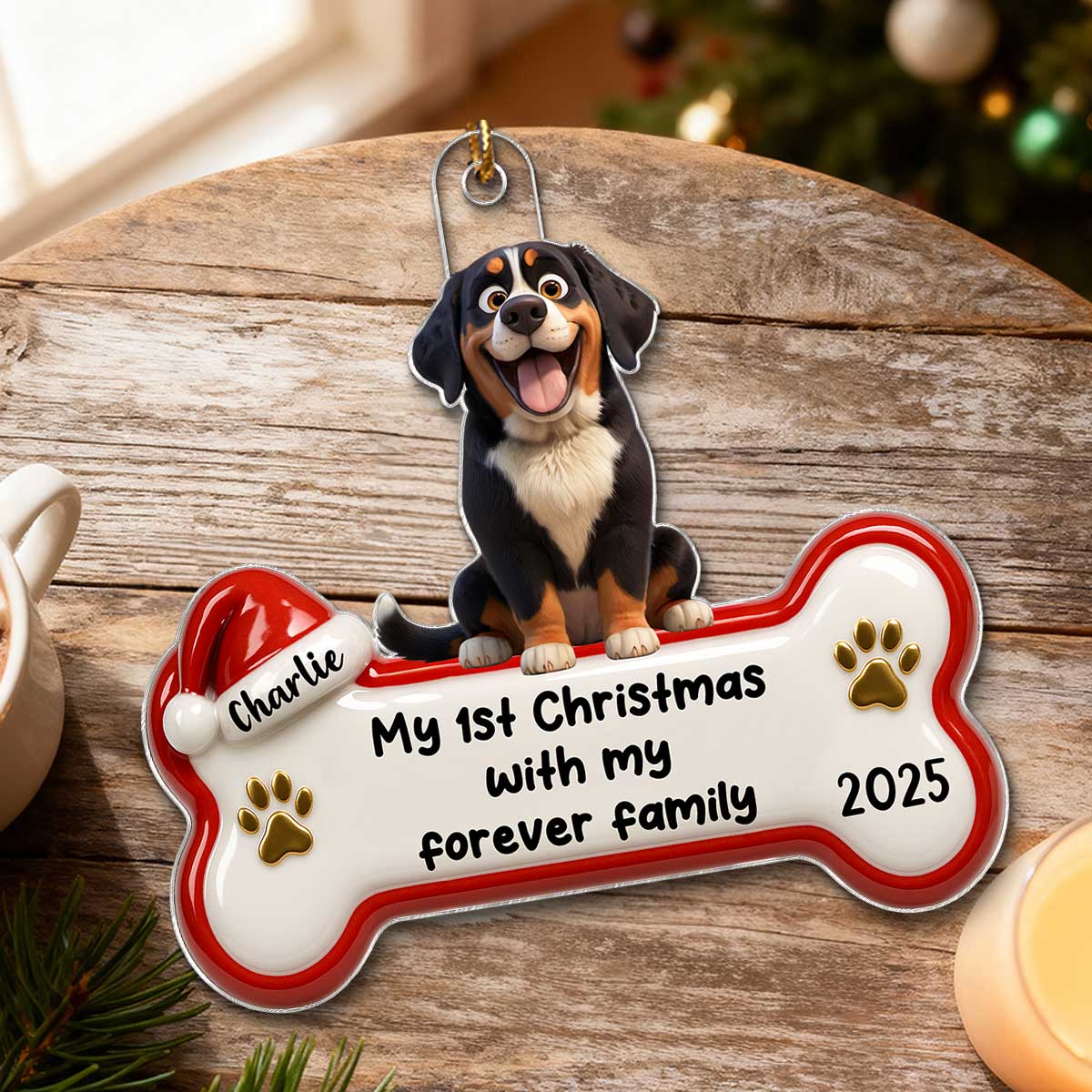 1st Christmas With Forever Family Cartoon Dog 3D Effect - Personalized Acrylic Ornament - Image 4