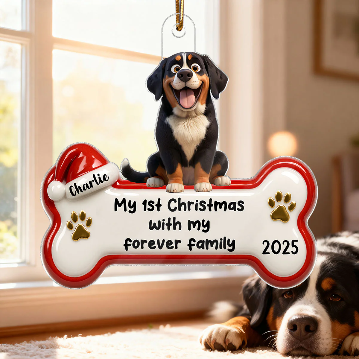 1st Christmas With Forever Family Cartoon Dog 3D Effect - Personalized Acrylic Ornament - Image 6