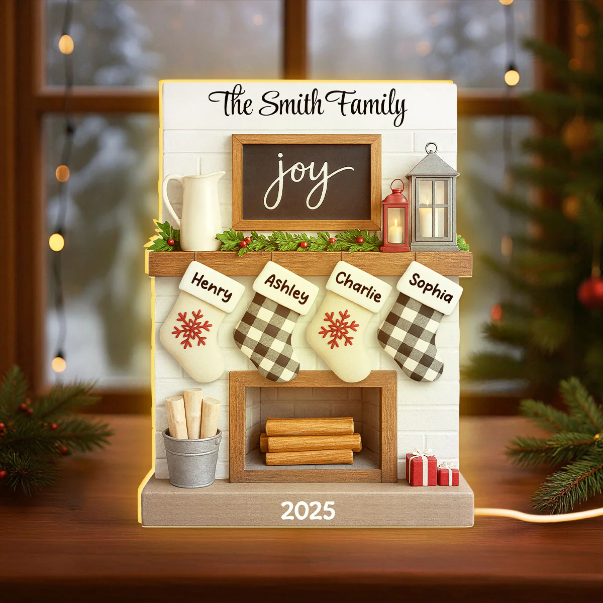 2025 Large Family Fireplace Mantle Tree Home Stocking Stuffer Christmas Gift Personalized LED Light Box - Image 2