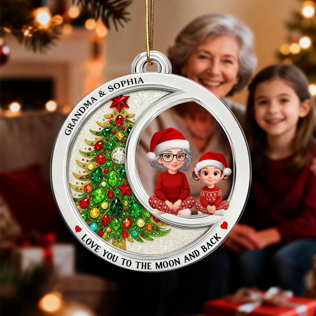 2D Flat Crystal Effect Love To The Moon Grandma Grandkid Sitting - Personalized Acrylic Ornament - Image 5