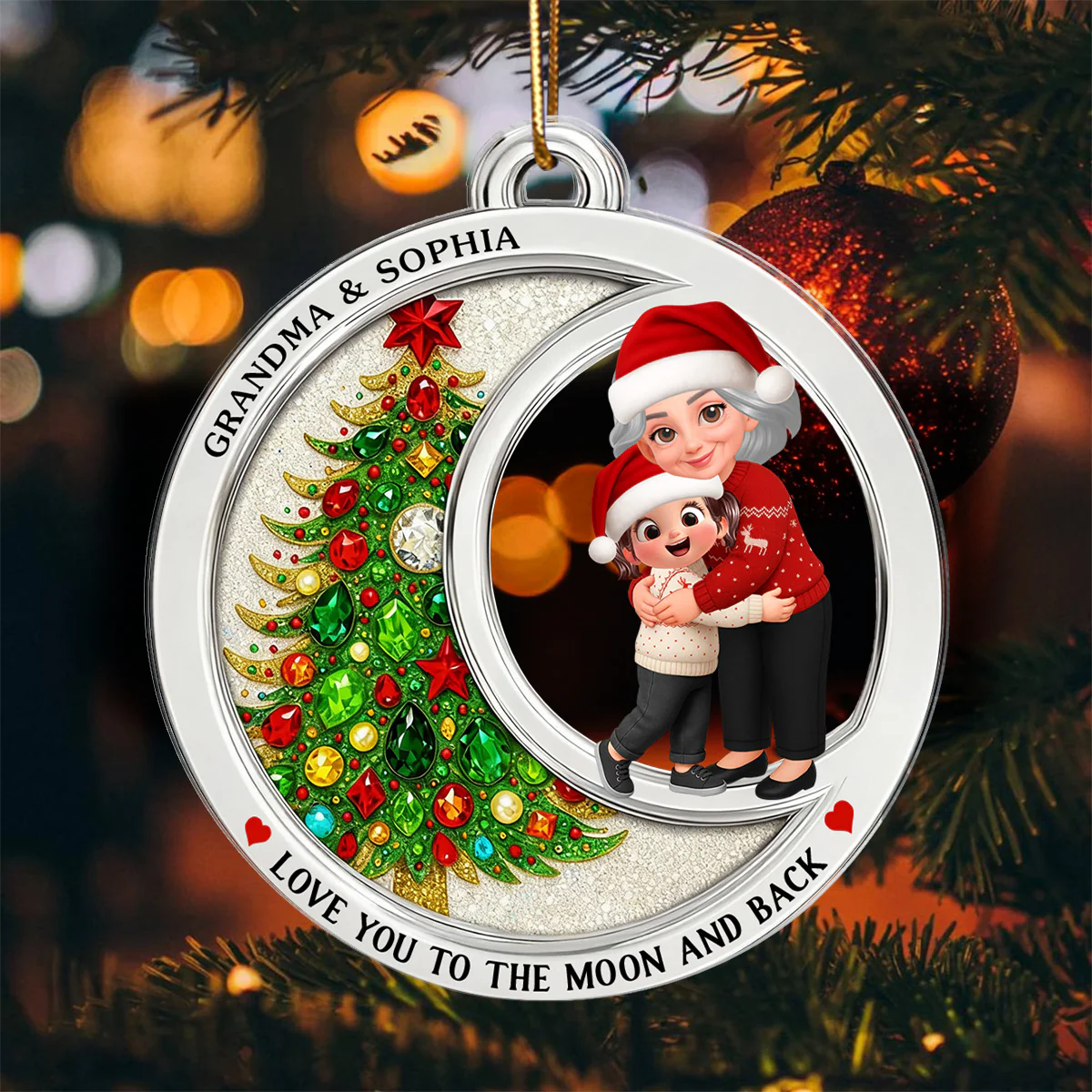 2D Flat Crystal Effect Love To The Moon Grandma Hugging Grandkid - Personalized Acrylic Ornament - Image 3