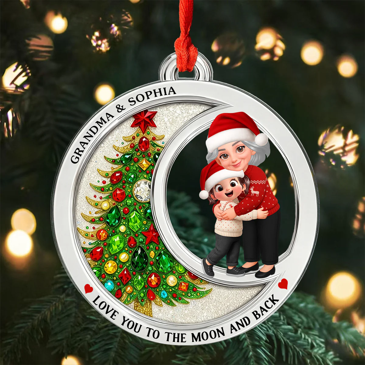 2D Flat Crystal Effect Love To The Moon Grandma Hugging Grandkid - Personalized Acrylic Ornament - Image 4