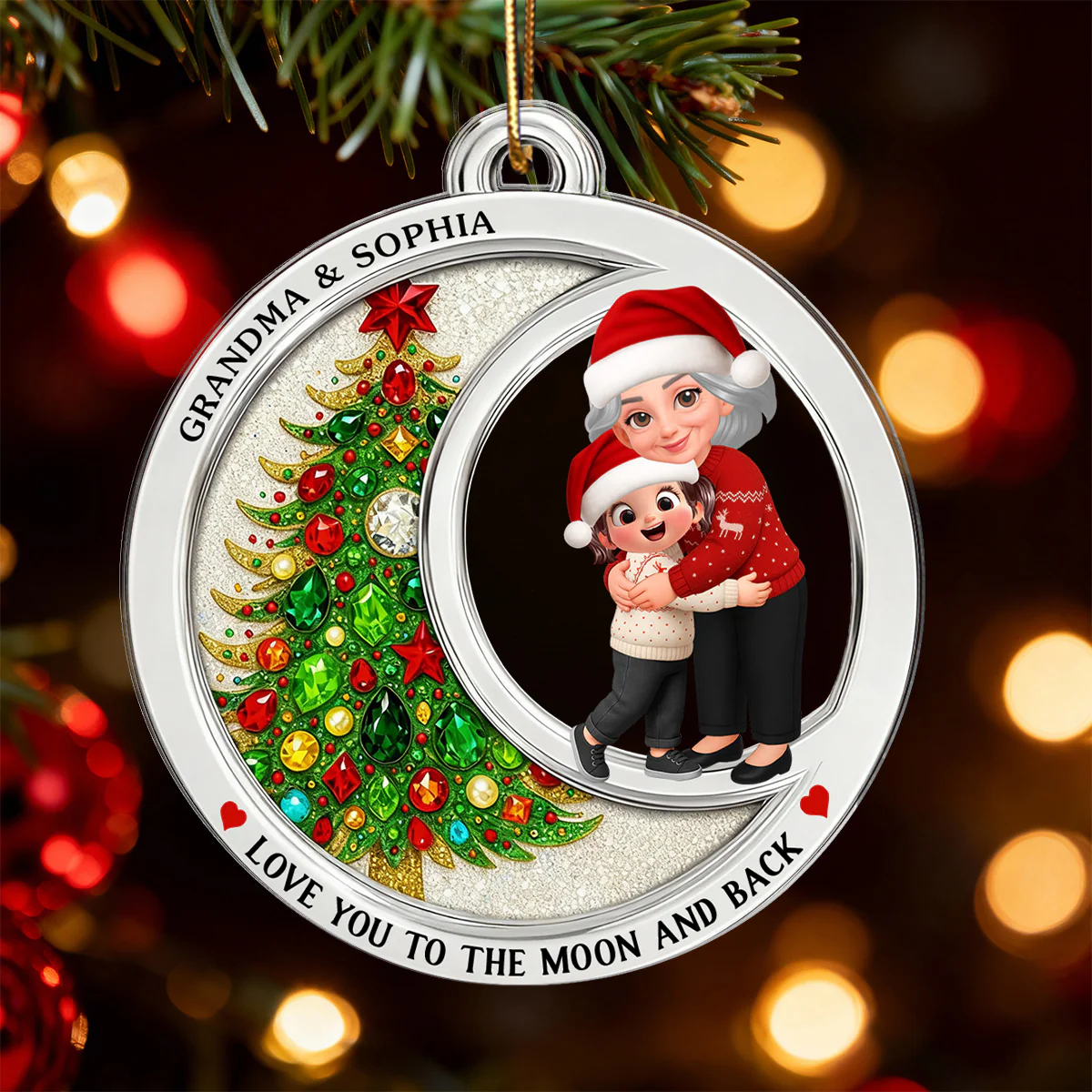 2D Flat Crystal Effect Love To The Moon Grandma Hugging Grandkid - Personalized Acrylic Ornament - Image 5