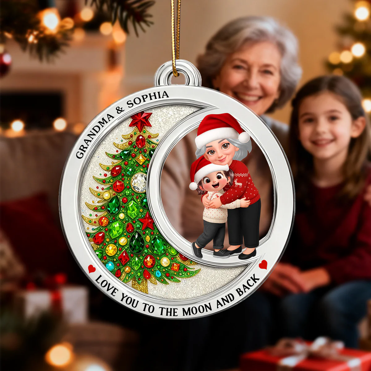 2D Flat Crystal Effect Love To The Moon Grandma Hugging Grandkid - Personalized Acrylic Ornament - Image 6