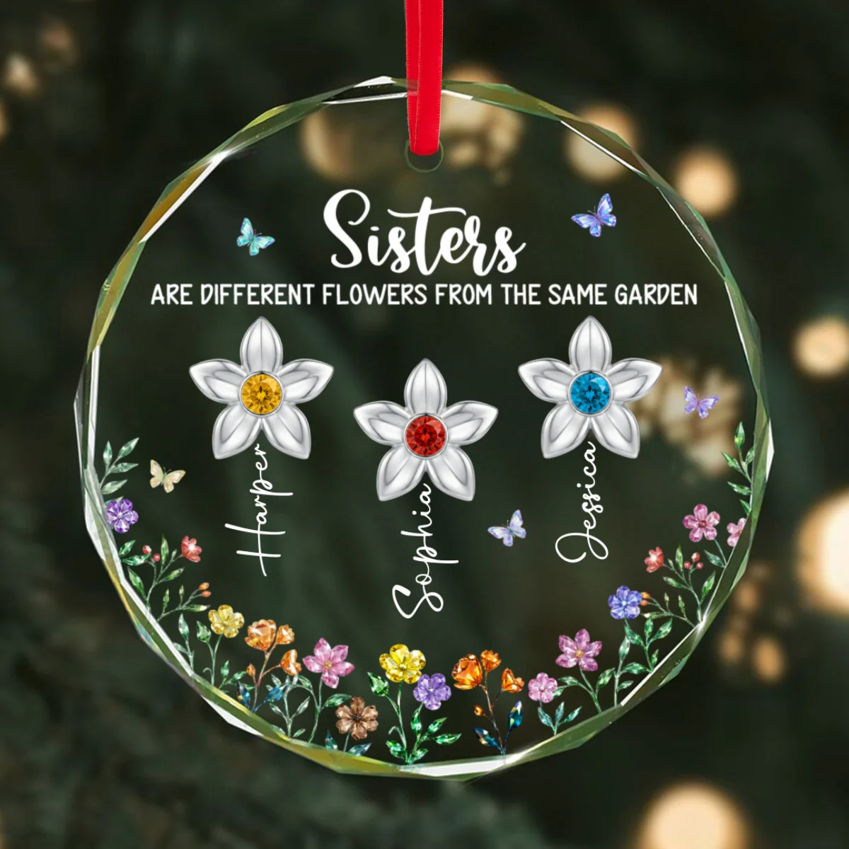 3D Birthstone Effect Custom Color Sisters Different Flowers From Same Garden - Personalized Glass Ornament - Gift For Sisters - Image 10
