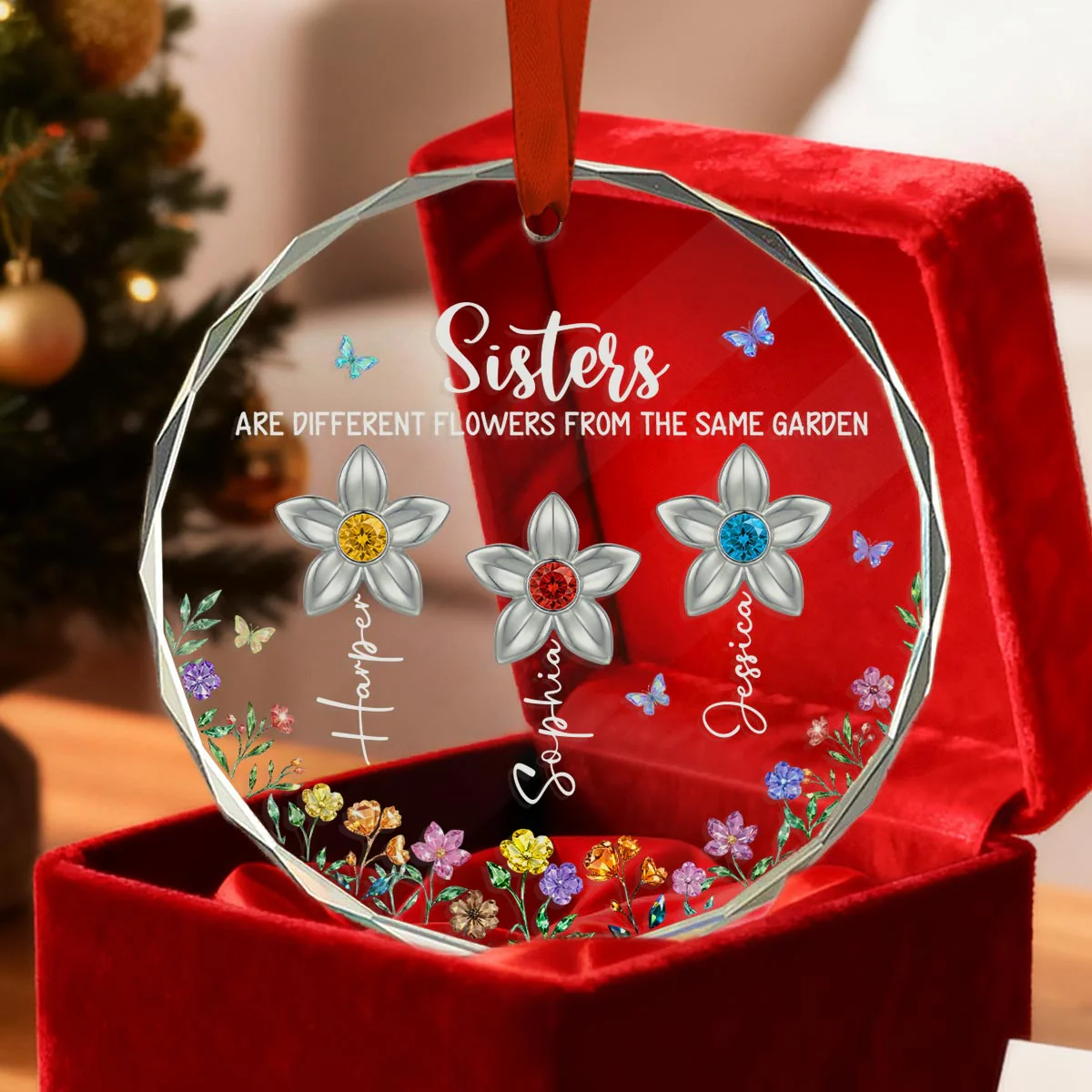 3D Birthstone Effect Custom Color Sisters Different Flowers From Same Garden - Personalized Glass Ornament - Gift For Sisters - Image 2
