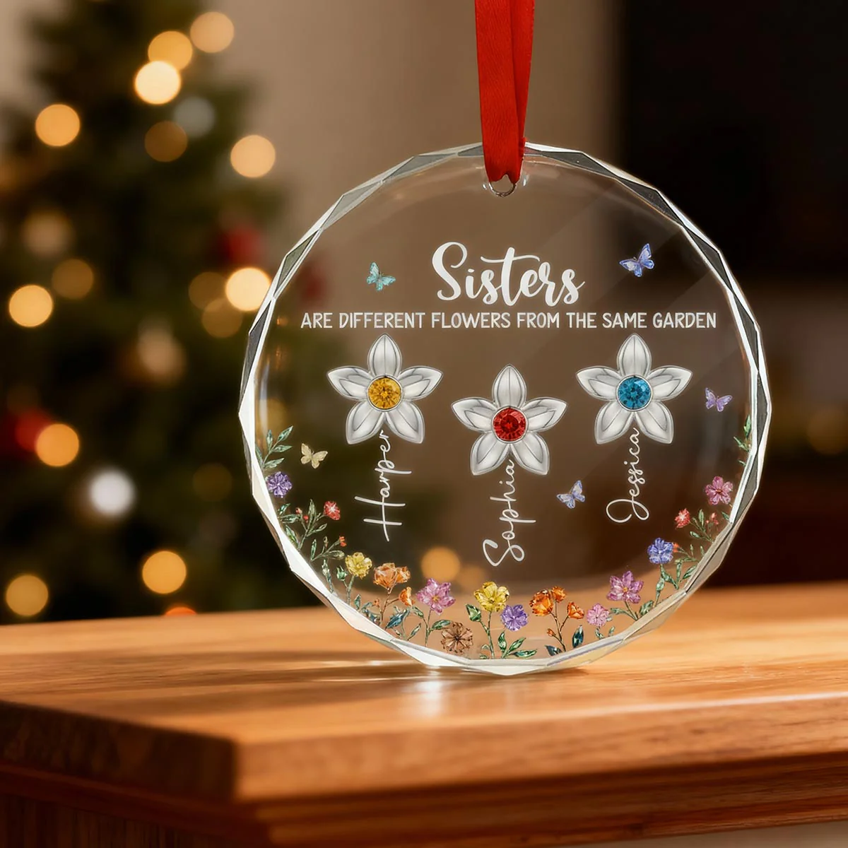 3D Birthstone Effect Custom Color Sisters Different Flowers From Same Garden - Personalized Glass Ornament - Gift For Sisters - Image 3