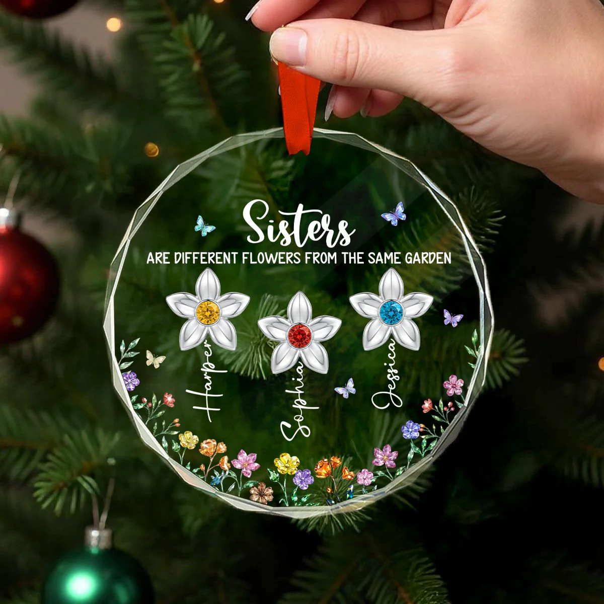 3D Birthstone Effect Custom Color Sisters Different Flowers From Same Garden - Personalized Glass Ornament - Gift For Sisters - Image 6