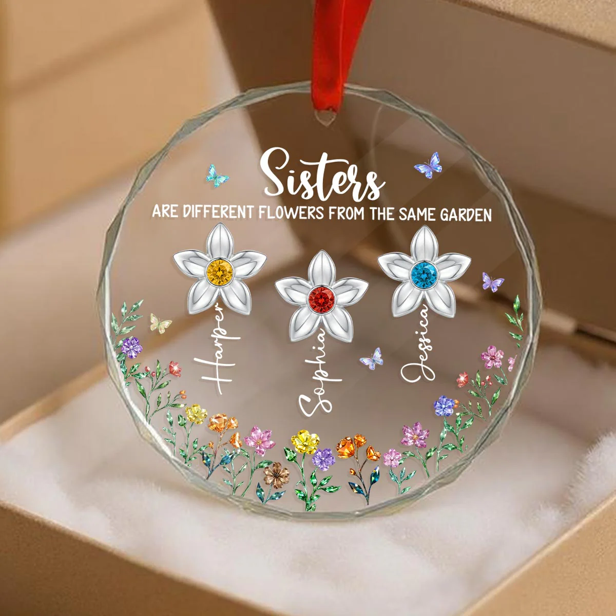 3D Birthstone Effect Custom Color Sisters Different Flowers From Same Garden - Personalized Glass Ornament - Gift For Sisters - Image 7