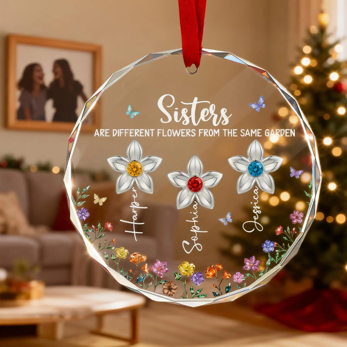 3D Birthstone Effect Custom Color Sisters Different Flowers From Same Garden - Personalized Glass Ornament - Gift For Sisters - Image 9