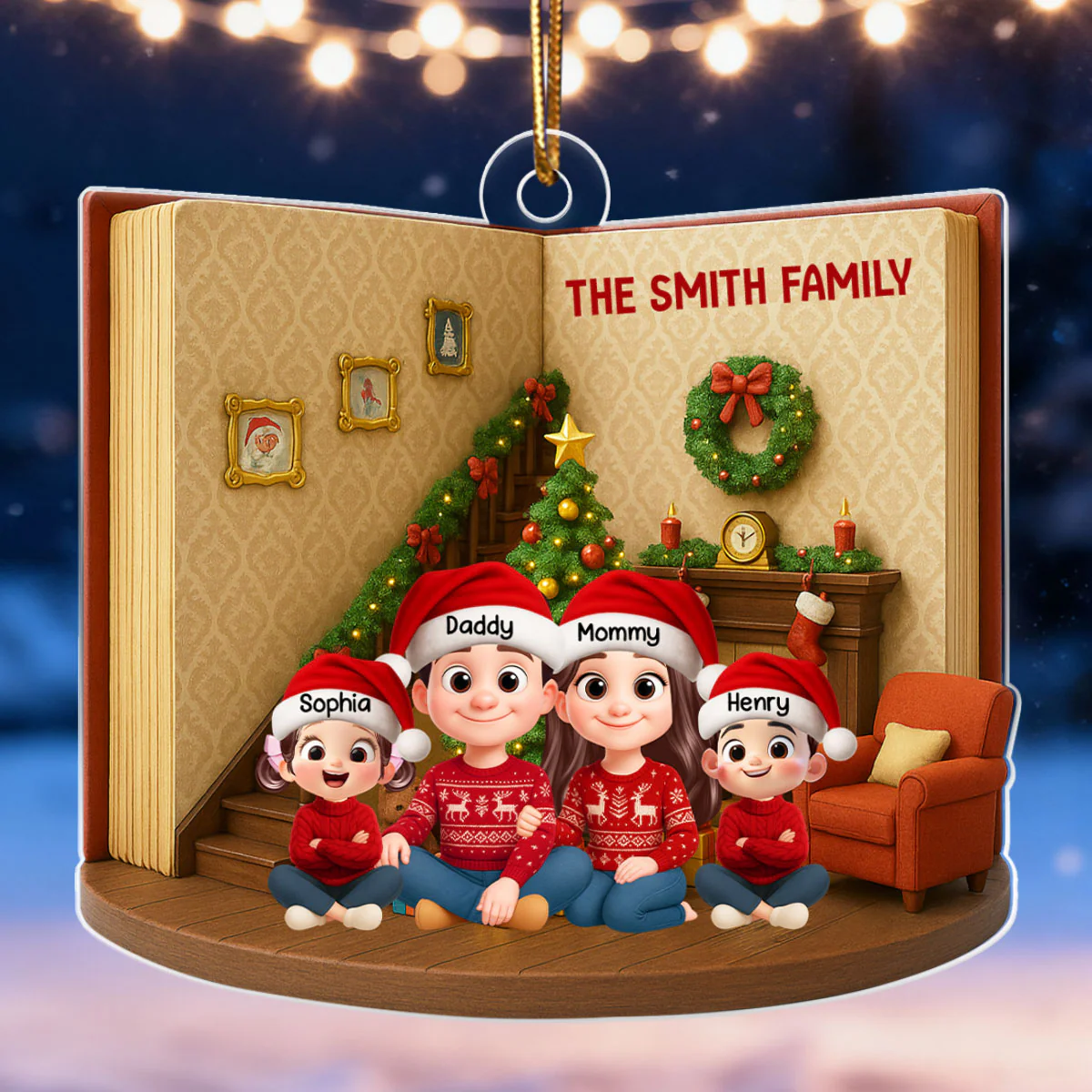 3D Book House Cozy Vibe Family Sitting Together - Personalzied Acrylic Ornament - Christmas Gift for Family - Image 3