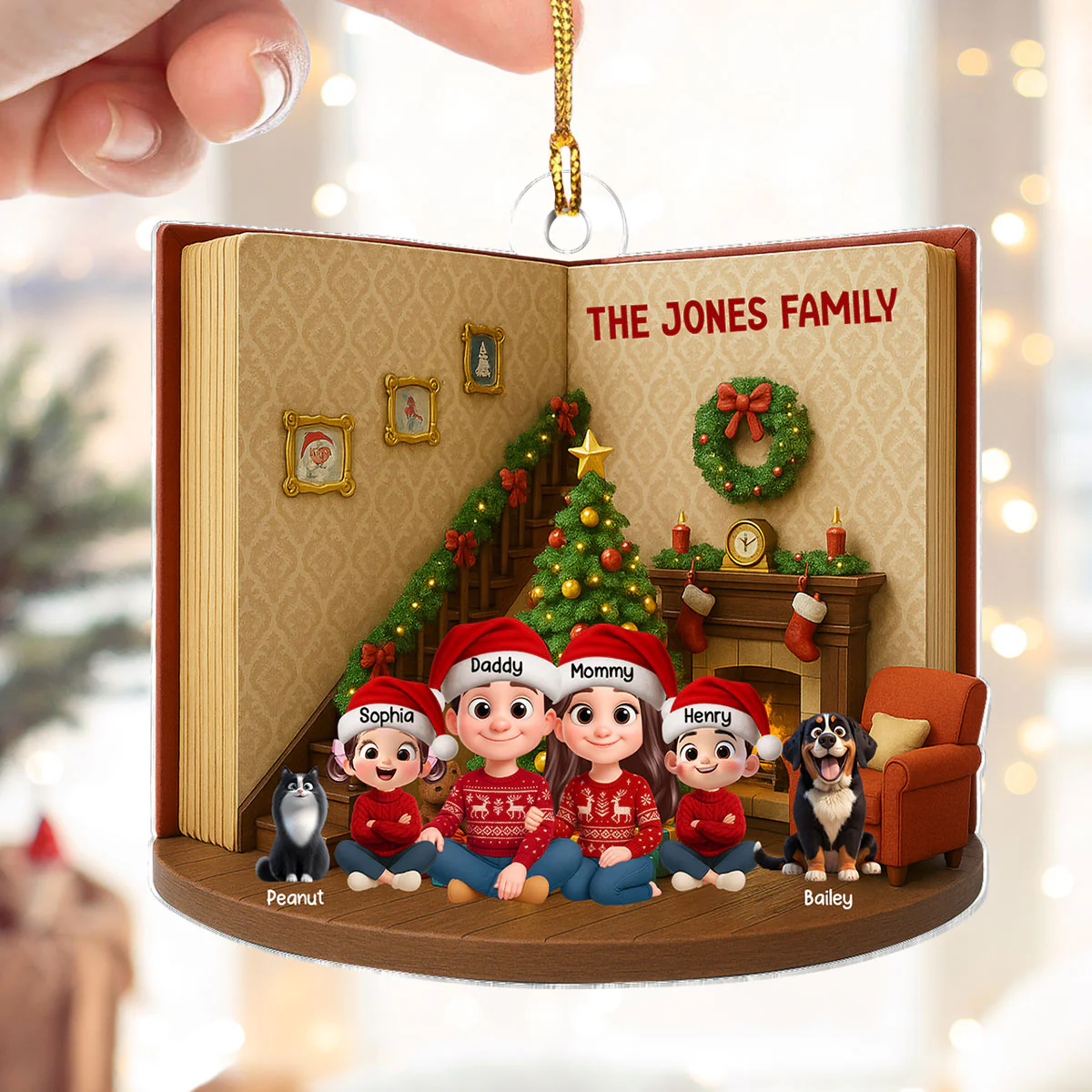 3D Book House Cozy Vibe Family Sitting Together - Personalzied Acrylic Ornament - Christmas Gift for Family - Image 4