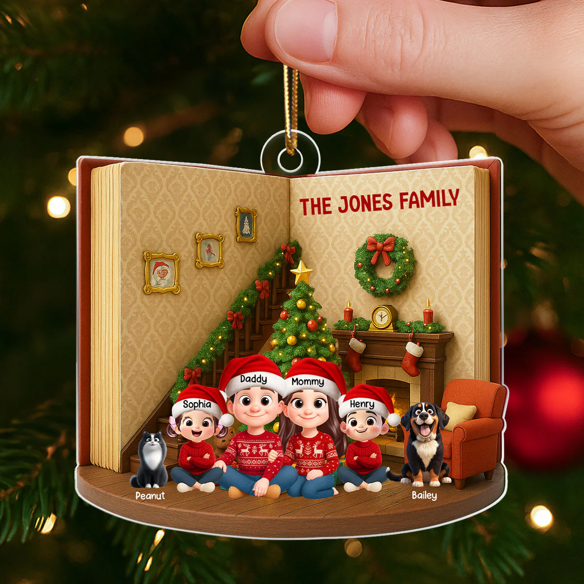 3D Book House Cozy Vibe Family Sitting Together - Personalzied Acrylic Ornament - Christmas Gift for Family - Image 5
