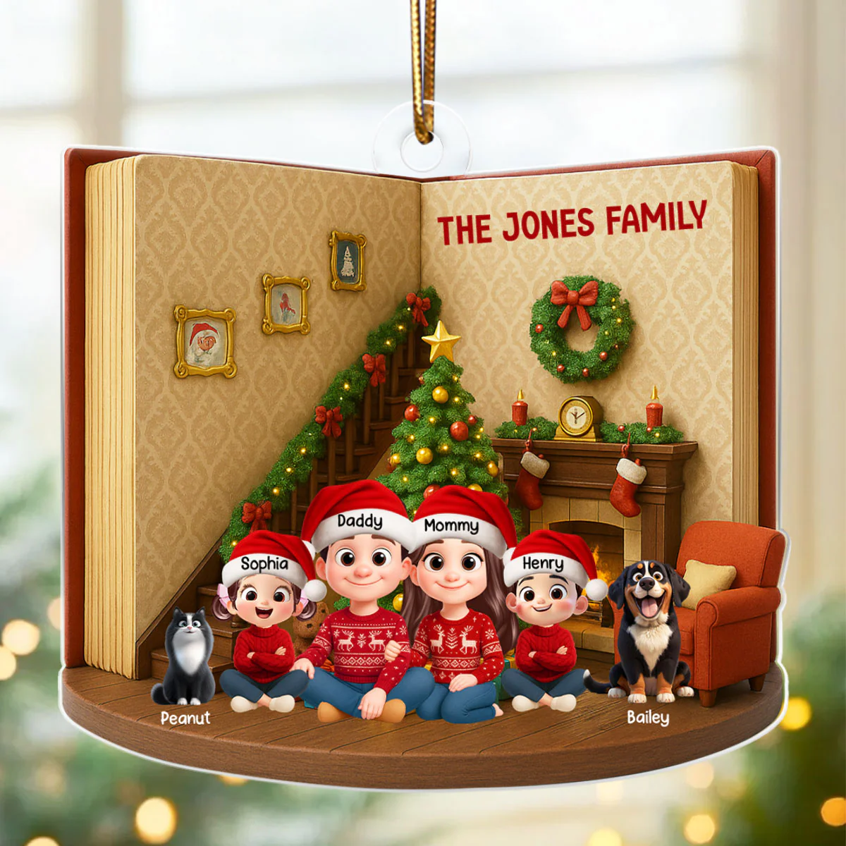 3D Book House Cozy Vibe Family Sitting Together - Personalzied Acrylic Ornament - Christmas Gift for Family - Image 6