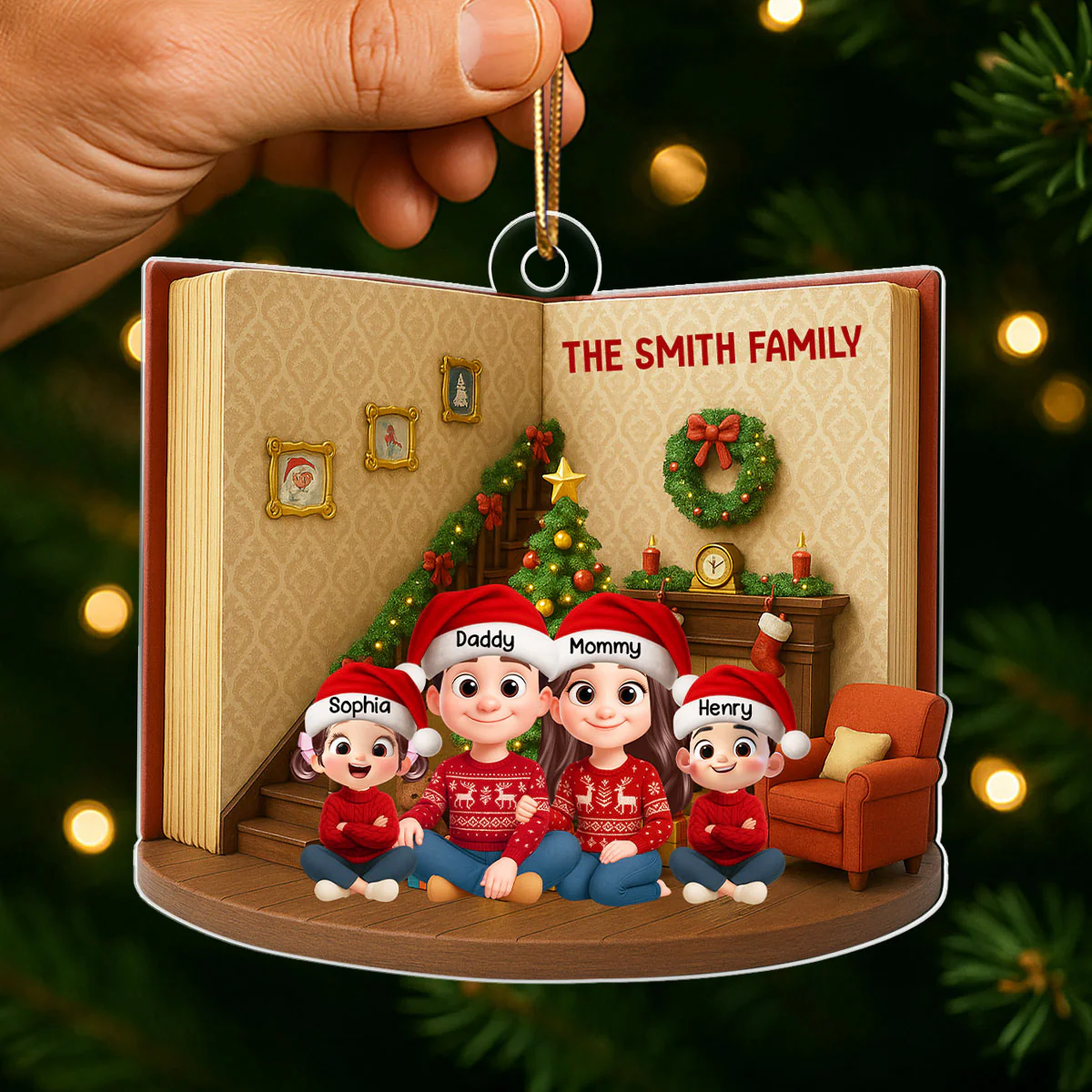 3D Book House Cozy Vibe Family Sitting Together - Personalzied Acrylic Ornament - Christmas Gift for Family - Image 7