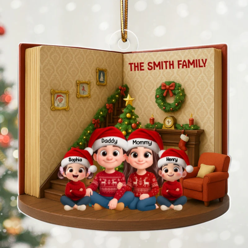 3D Book House Cozy Vibe Family Sitting Together - Personalzied Acrylic Ornament - Christmas Gift for Family - Image 9