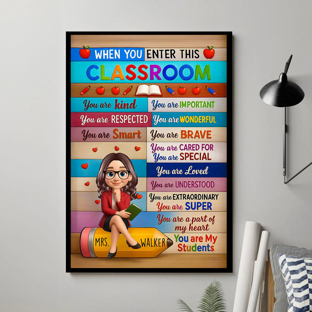 3D Cartoon Teacher Sitting On Pencil Personalized Poster, Classroom Decoration, Back To School Gift For Teacher - Image 2