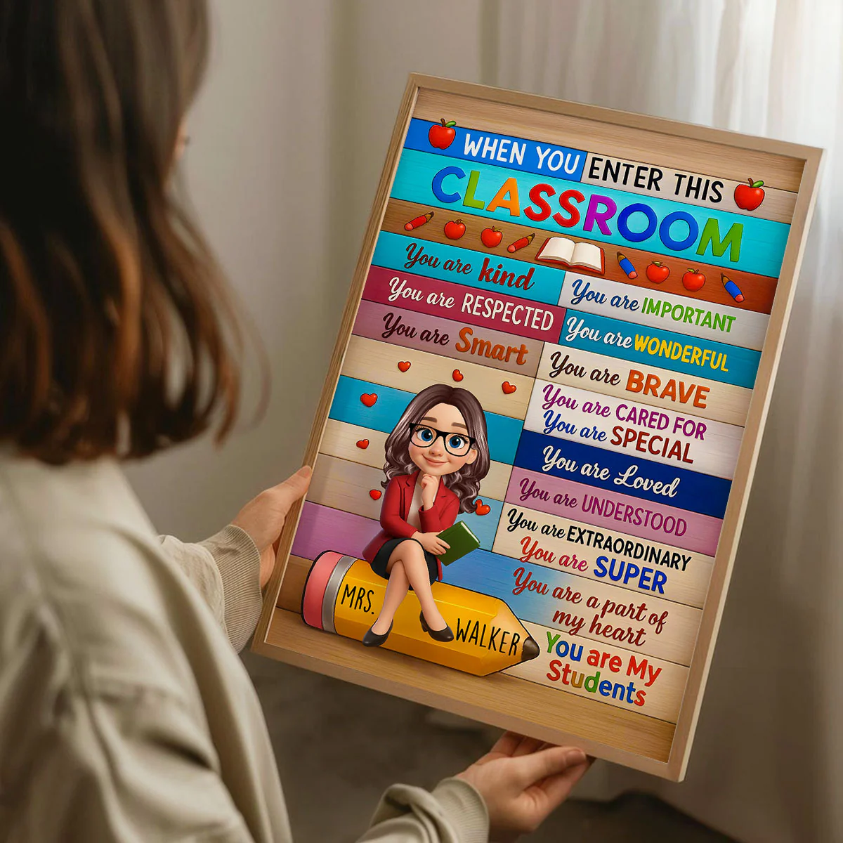 3D Cartoon Teacher Sitting On Pencil Personalized Poster, Classroom Decoration, Back To School Gift For Teacher - Image 3