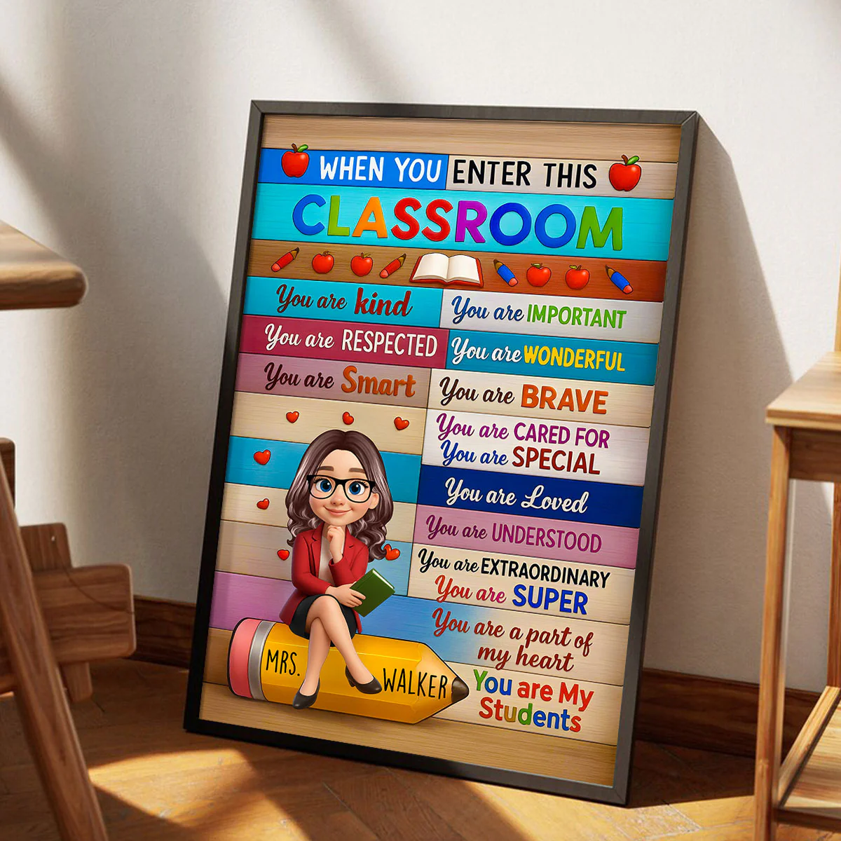 3D Cartoon Teacher Sitting On Pencil Personalized Poster, Classroom Decoration, Back To School Gift For Teacher - Image 4