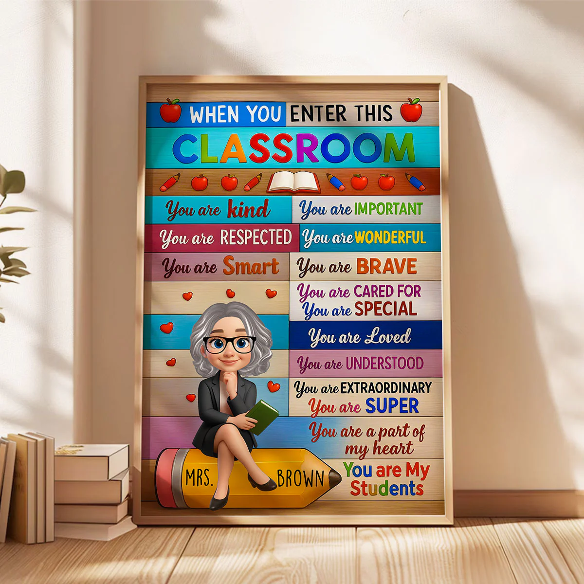 3D Cartoon Teacher Sitting On Pencil Personalized Poster, Classroom Decoration, Back To School Gift For Teacher - Image 5