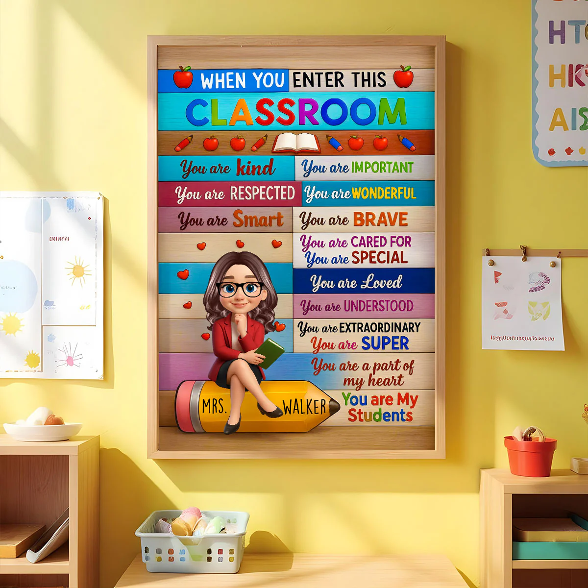 3D Cartoon Teacher Sitting On Pencil Personalized Poster, Classroom Decoration, Back To School Gift For Teacher - Image 7