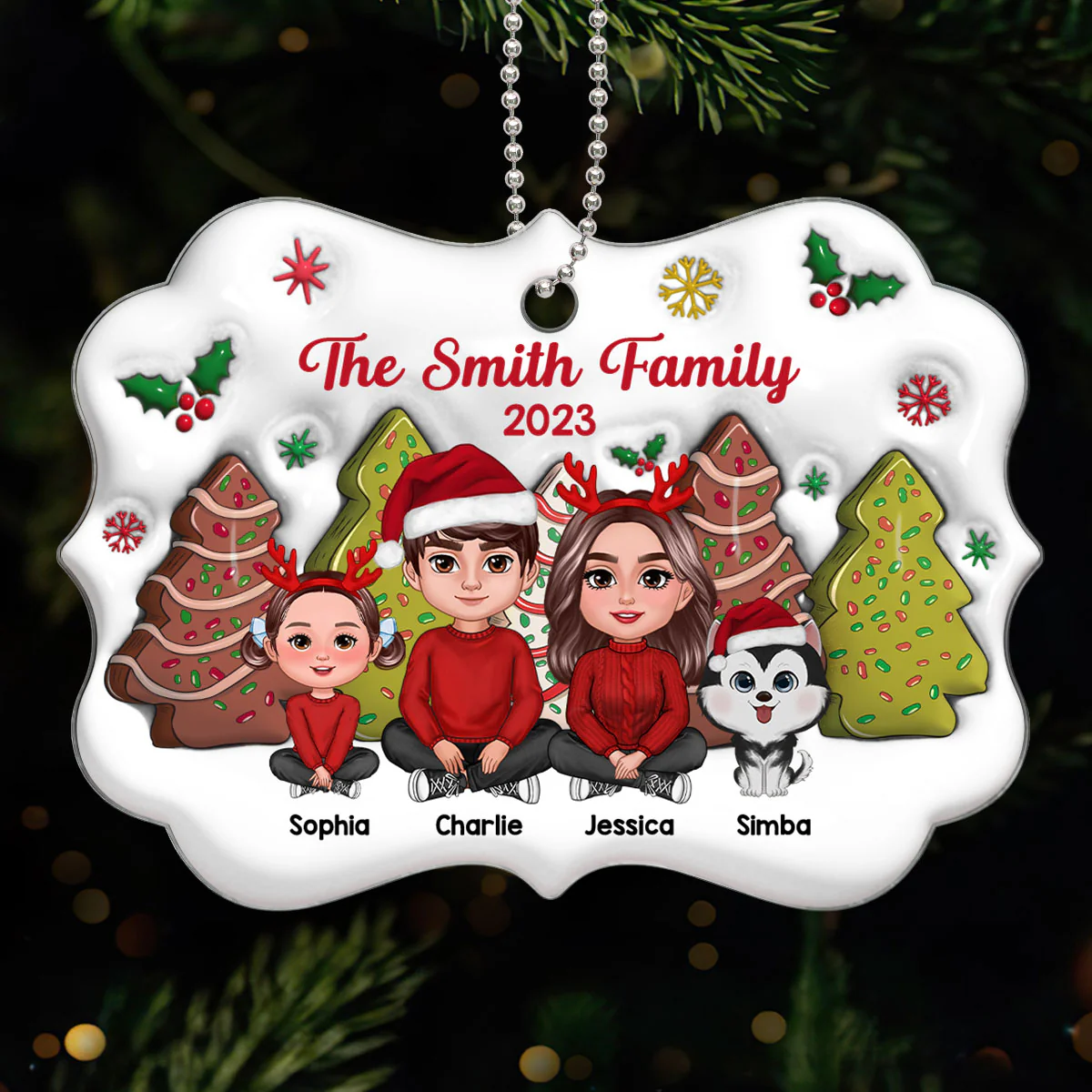 3D Christmas Tree Cakes Inflated Family Sitting Crossed Legs Personalized Acrylic Ornament