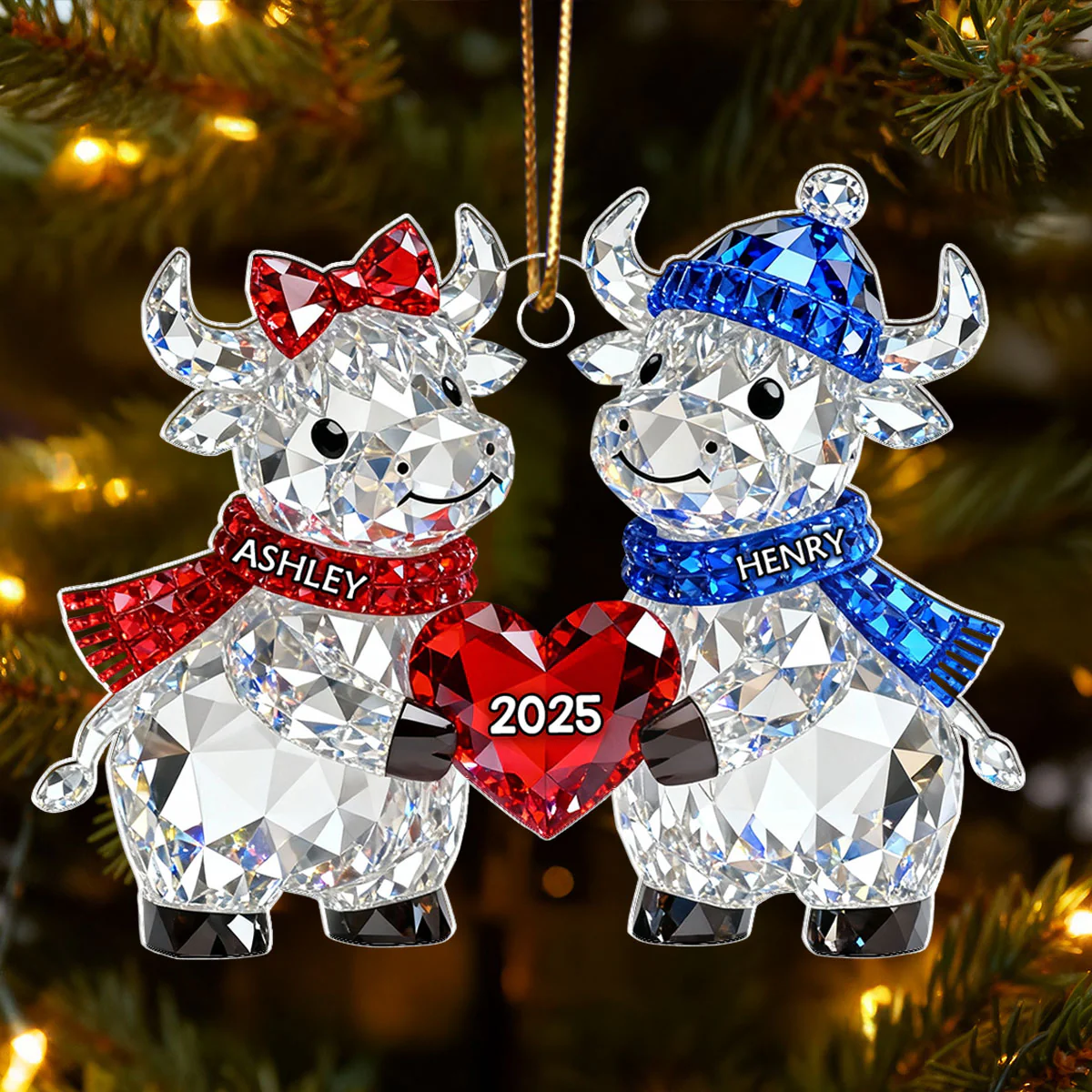 3D Crystal Effect Christmas Highland Cow Couple - Personalized Acrylic Ornament - Heartwarming Christmas Gift for Couple - Image 3