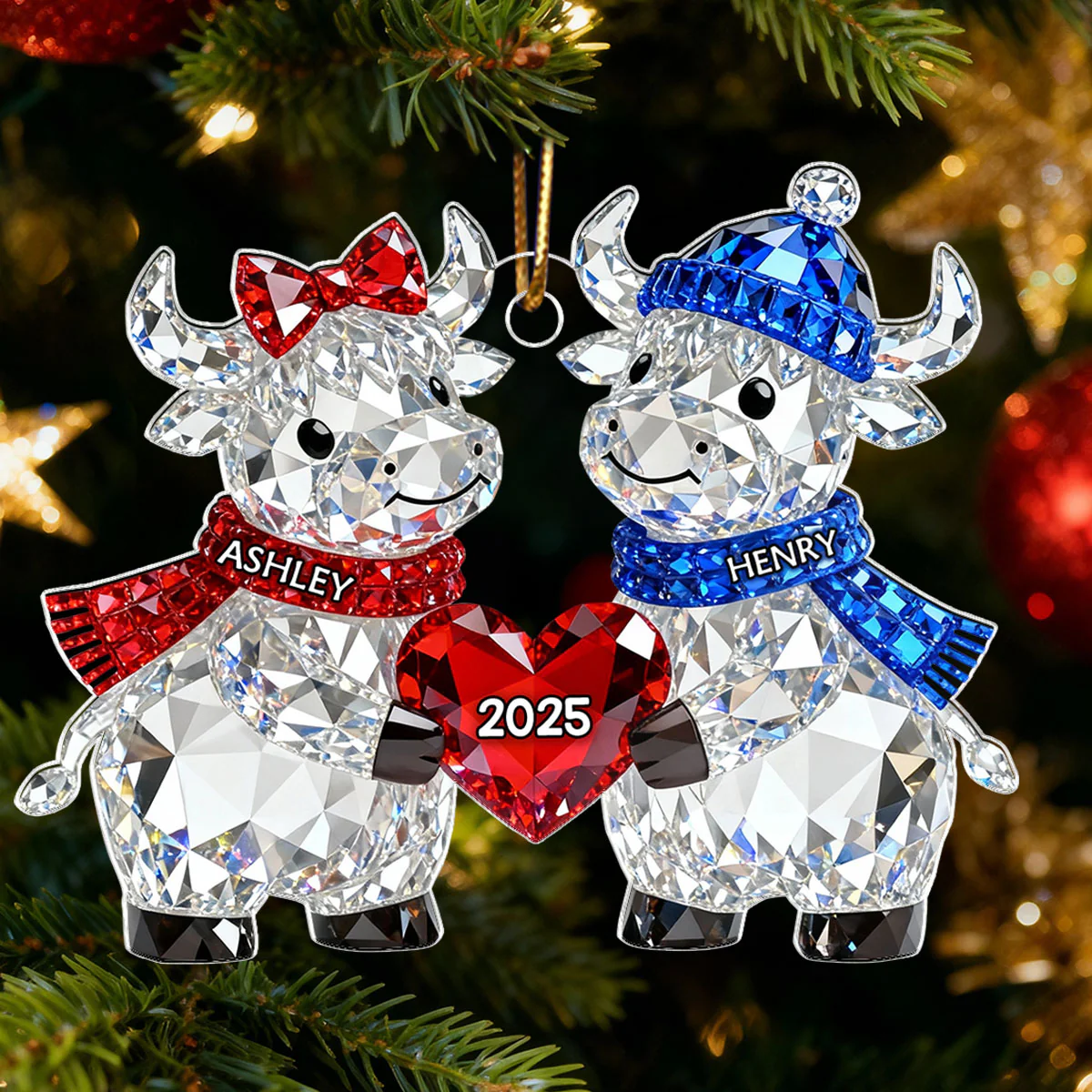3D Crystal Effect Christmas Highland Cow Couple - Personalized Acrylic Ornament - Heartwarming Christmas Gift for Couple - Image 4