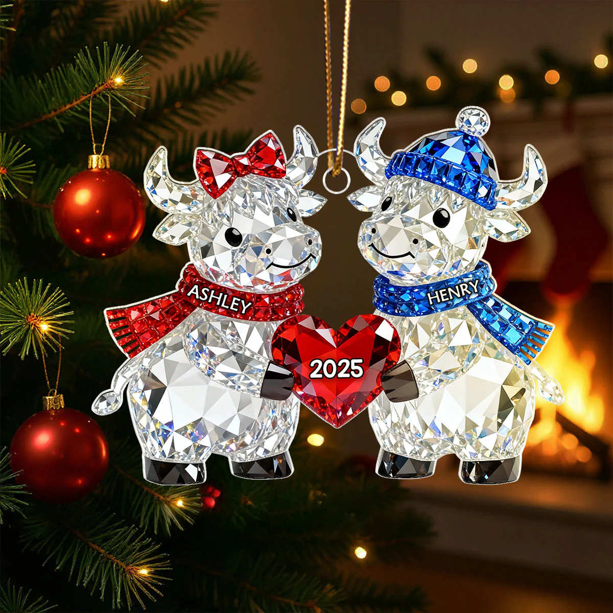 3D Crystal Effect Christmas Highland Cow Couple - Personalized Acrylic Ornament - Heartwarming Christmas Gift for Couple - Image 5