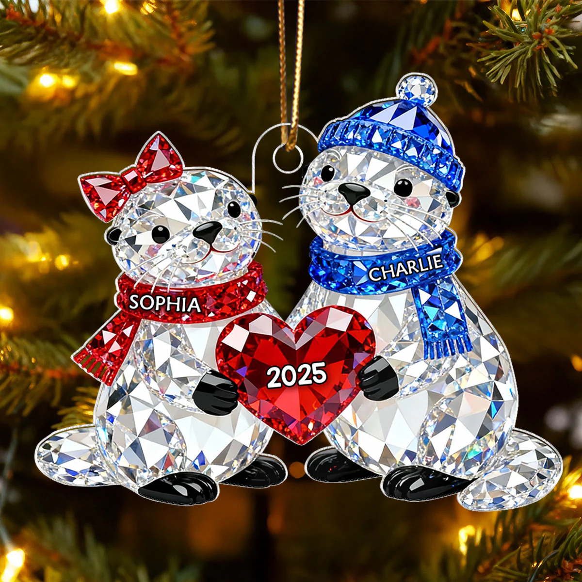 3D Crystal Effect Christmas Otter Couple - Personalized Acrylic Ornament - Heartwarming Christmas Gift for Couple - Image 3