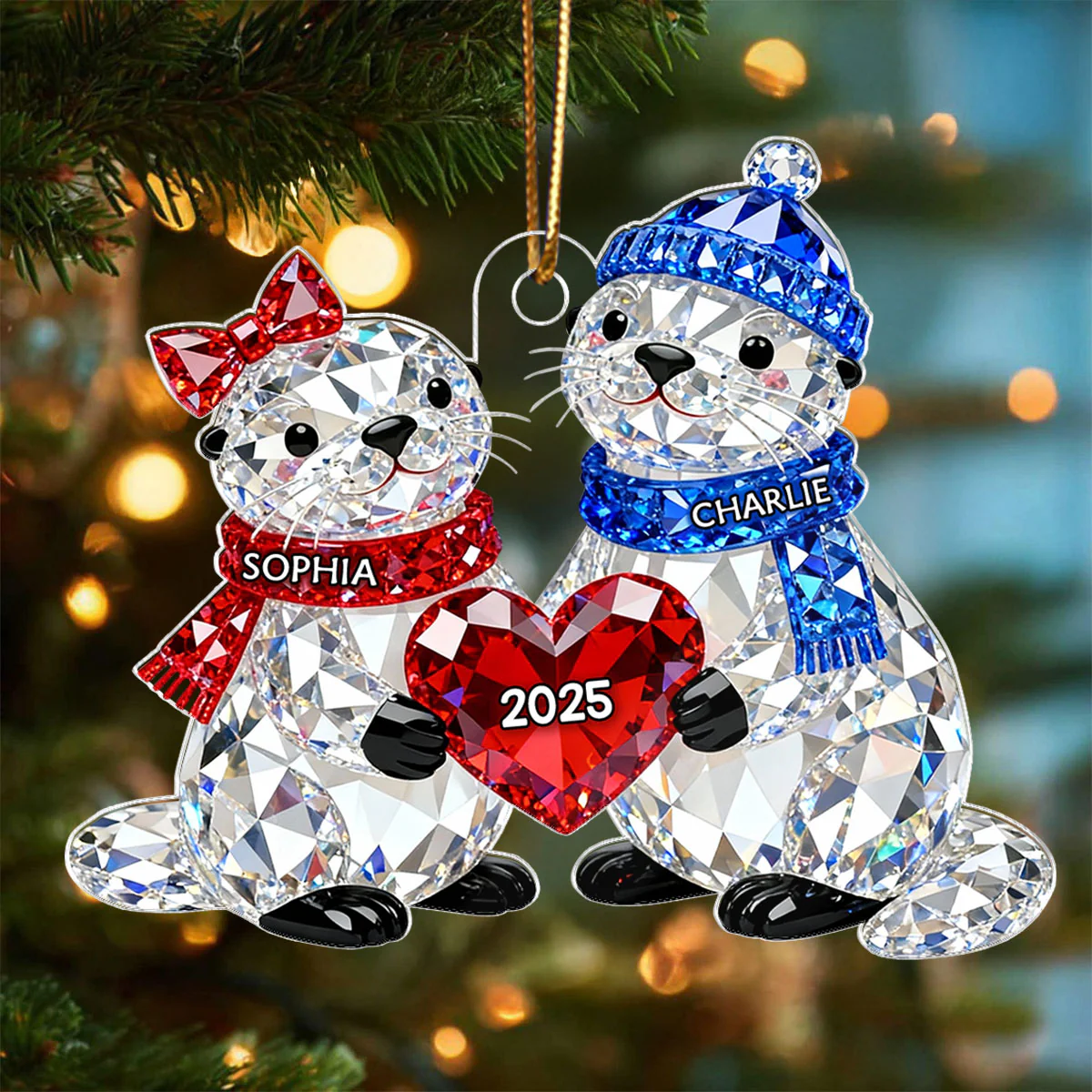 3D Crystal Effect Christmas Otter Couple - Personalized Acrylic Ornament - Heartwarming Christmas Gift for Couple - Image 4