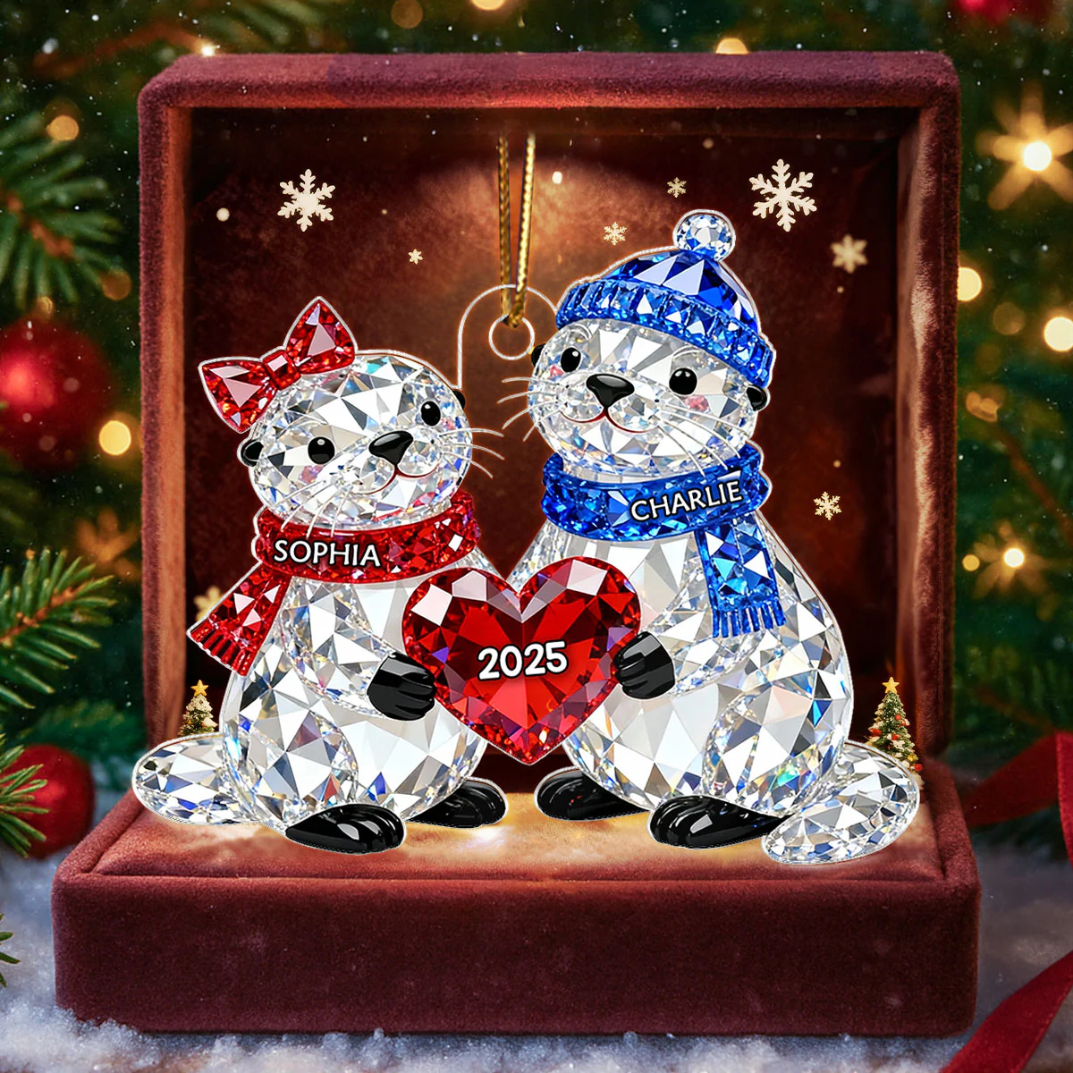 3D Crystal Effect Christmas Otter Couple - Personalized Acrylic Ornament - Heartwarming Christmas Gift for Couple - Image 5