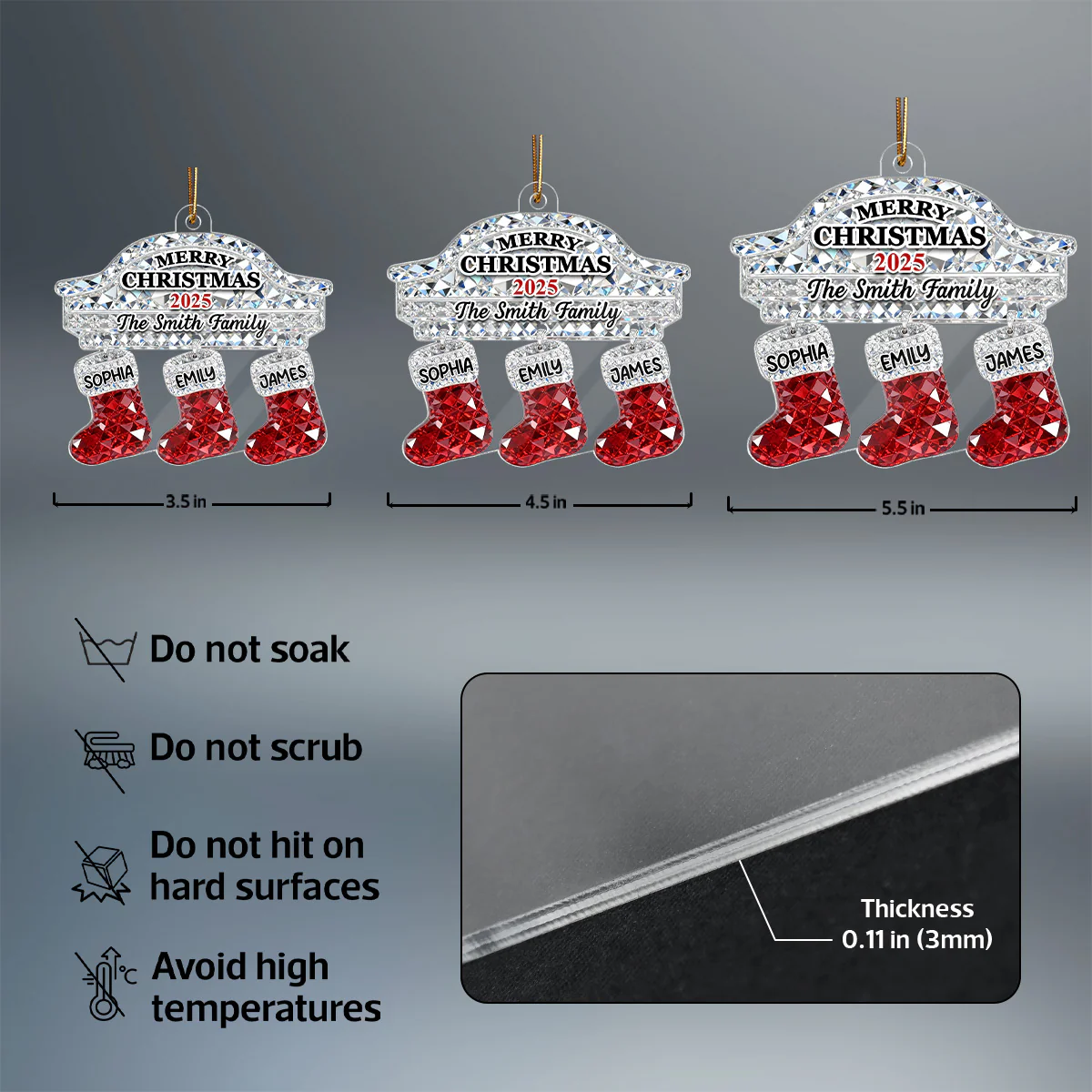 3D Effect Flat Christmas Stockings Family Names - Personalized Acrylic Ornament - Image 7