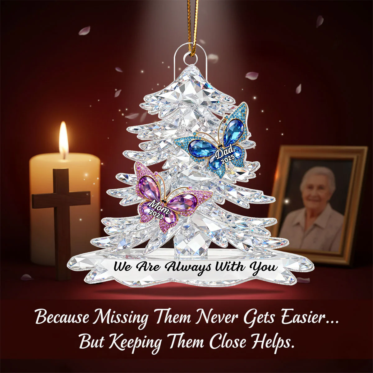 3D Effect Flat Christmas Tree Butterfly Memorial - Personalized Acrylic Ornament - Remembrance Gift, Sympathy Gift - Image 3