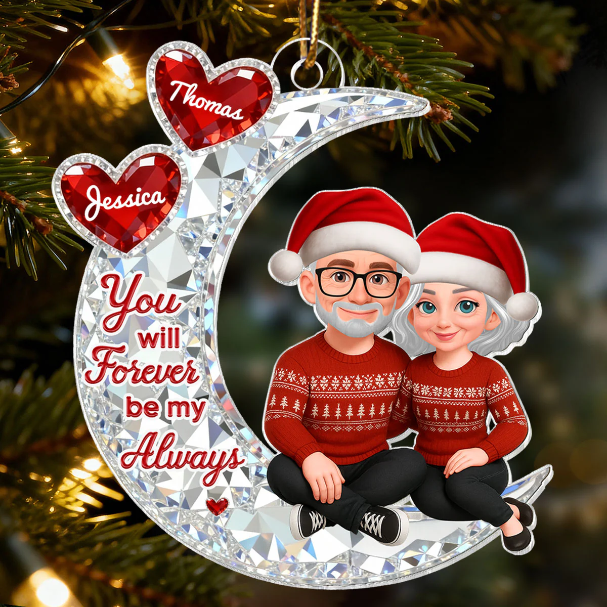 3D Effect Flat Couple Sitting On Moon - Personalized Acrylic Ornament - Heartfelt Gift For Couple, Gift For Him, For Her - Image 2