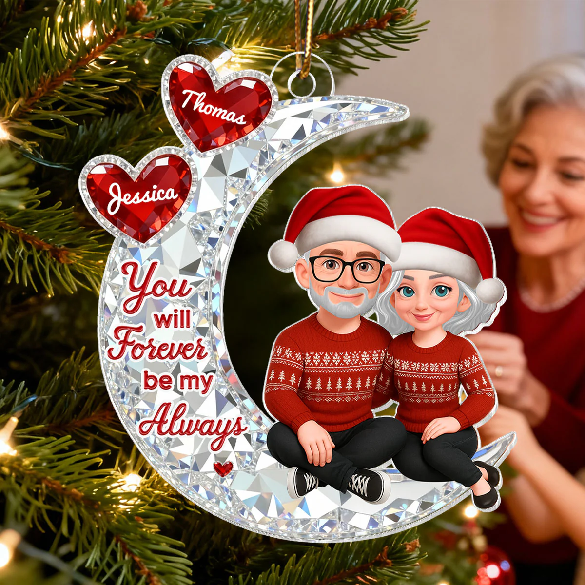 3D Effect Flat Couple Sitting On Moon - Personalized Acrylic Ornament - Heartfelt Gift For Couple, Gift For Him, For Her - Image 3