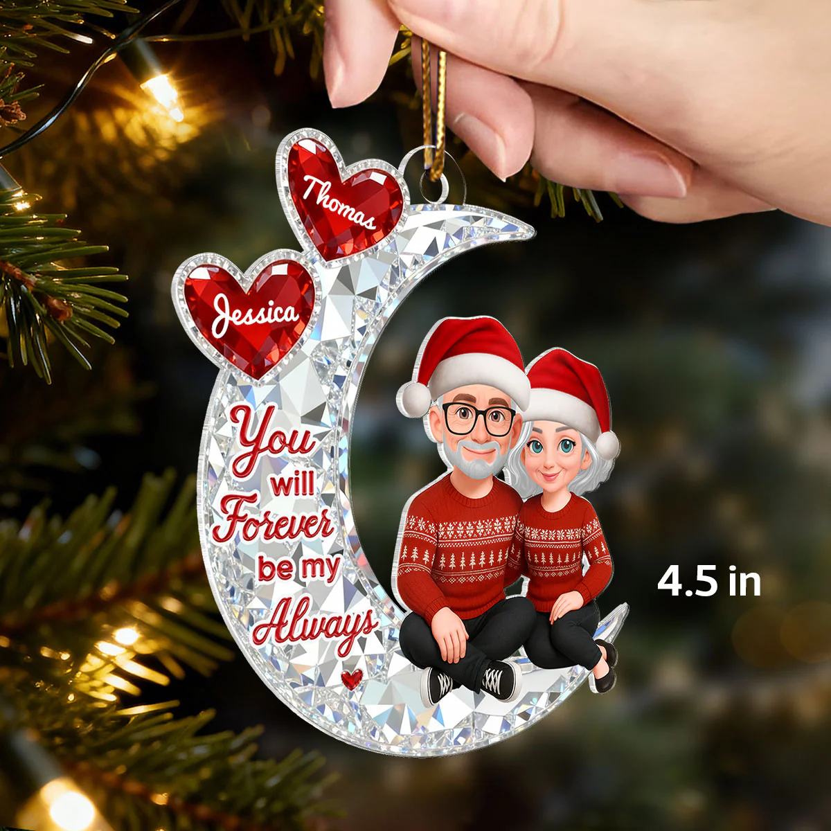 3D Effect Flat Couple Sitting On Moon - Personalized Acrylic Ornament - Heartfelt Gift For Couple, Gift For Him, For Her - Image 4
