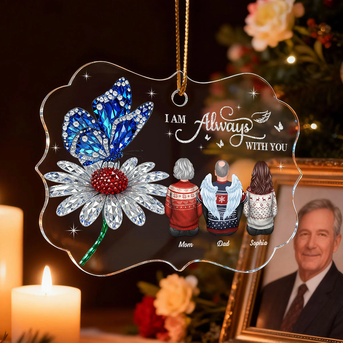 3D Crystal Effect Daisy Butterfly Always With You Family Memorial - Personalized Acrylic Ornament - Remembrance Gift, Sympathy Gift - Image 3