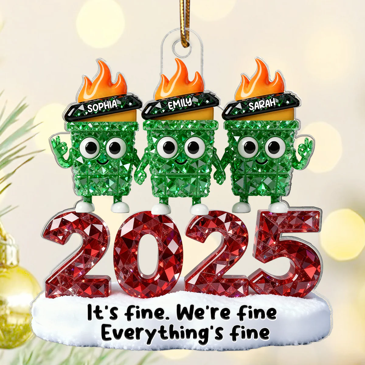 3D Crystal Effect Dumpster Fire It's Fine We're Fine - Personalized Acrylic Ornament - Funny Christmas Gift For Colleagues, Matching Group Ornaments - Image 7