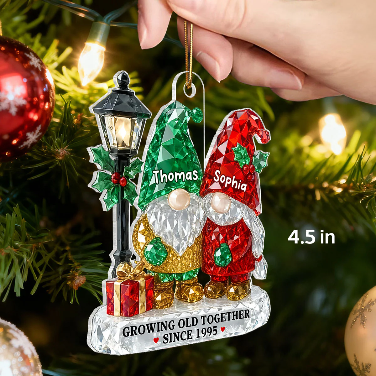 3D Crystal Effect Gnome Couple Growing Old Together - Personalized Acrylic Ornament - Gift For Couple - Image 2