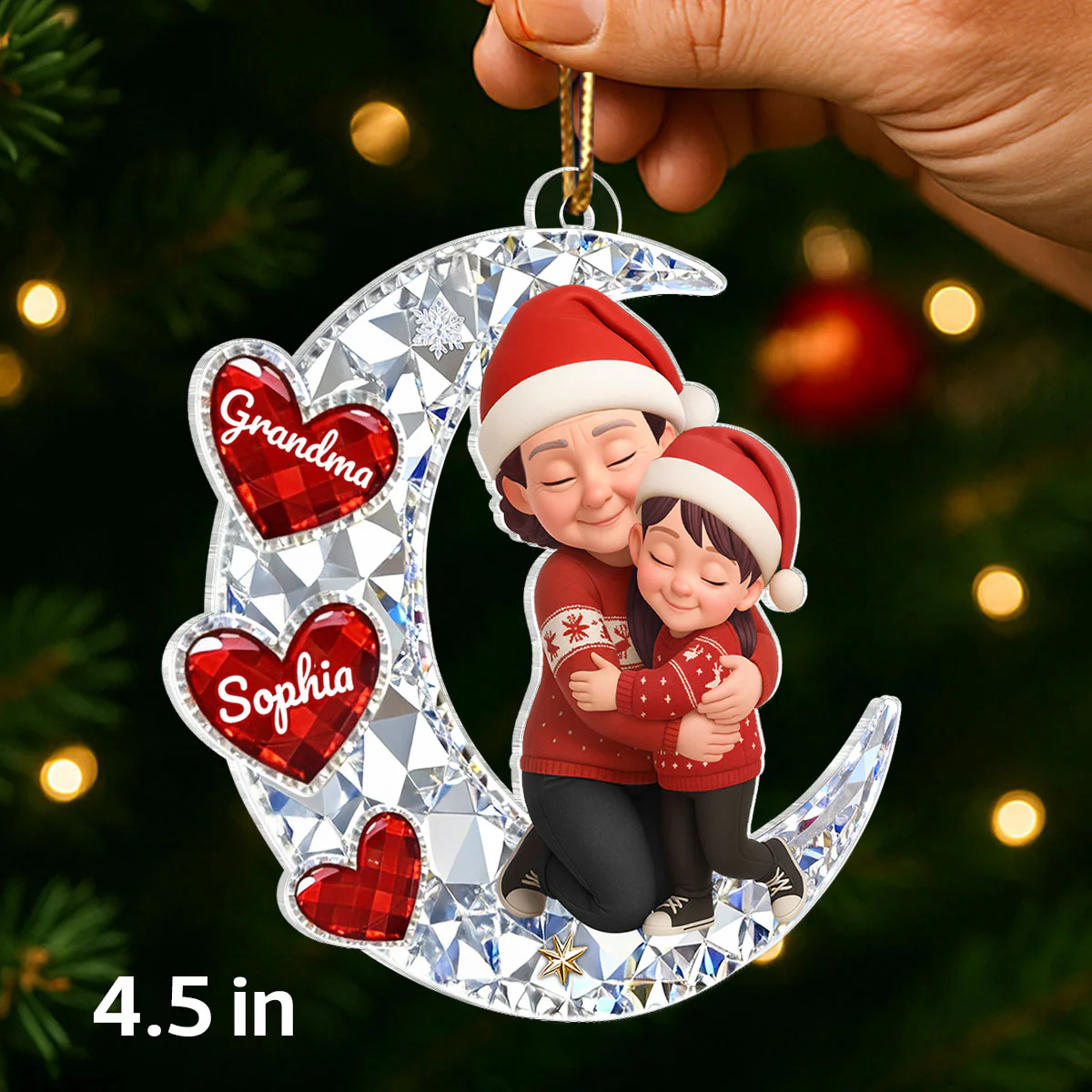 3D Crystal Effect Grandma Grandkid Hugging Moon Heart - Personalized Acrylic Ornament - Christmas Gift for Grandma, Grandkids - Image 2