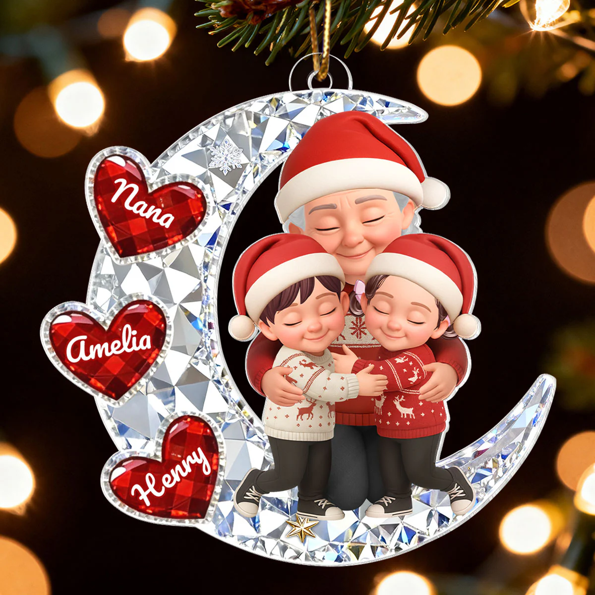 3D Crystal Effect Grandma Grandkid Hugging Moon Heart - Personalized Acrylic Ornament - Christmas Gift for Grandma, Grandkids - Image 3