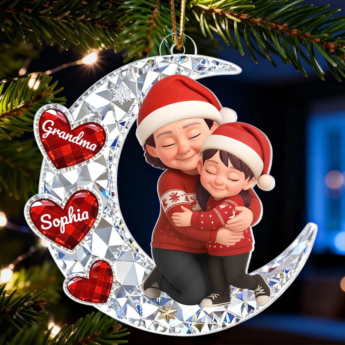 3D Crystal Effect Grandma Grandkid Hugging Moon Heart - Personalized Acrylic Ornament - Christmas Gift for Grandma, Grandkids - Image 4